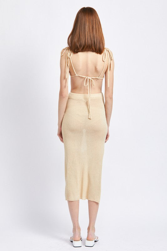 EMORY PARK CUT OUT DETAUL MIDI DRESS WITH SHOULDER TIES IN TAN