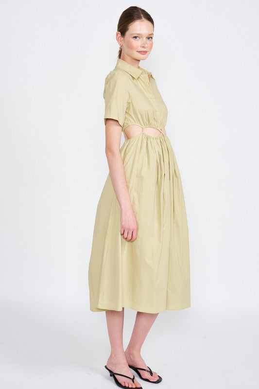 Emory Park Cutout Button-Down Short Sleeve Midi Dress in Light Khaki