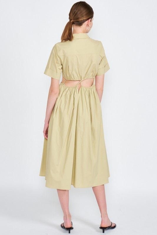 Emory Park Cutout Button-Down Short Sleeve Midi Dress in Light Khaki