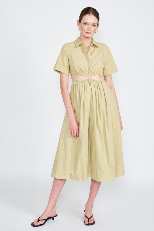 Emory Park Cutout Button-Down Short Sleeve Midi Dress in Light Khaki