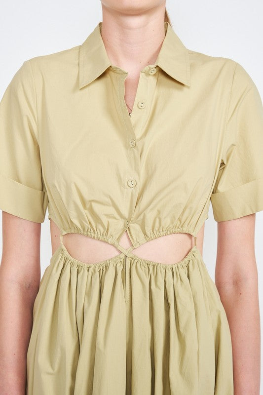 Emory Park Cutout Button-Down Short Sleeve Midi Dress in Light Khaki