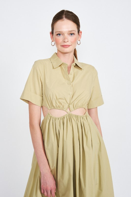 Emory Park Cutout Button-Down Short Sleeve Midi Dress in Light Khaki