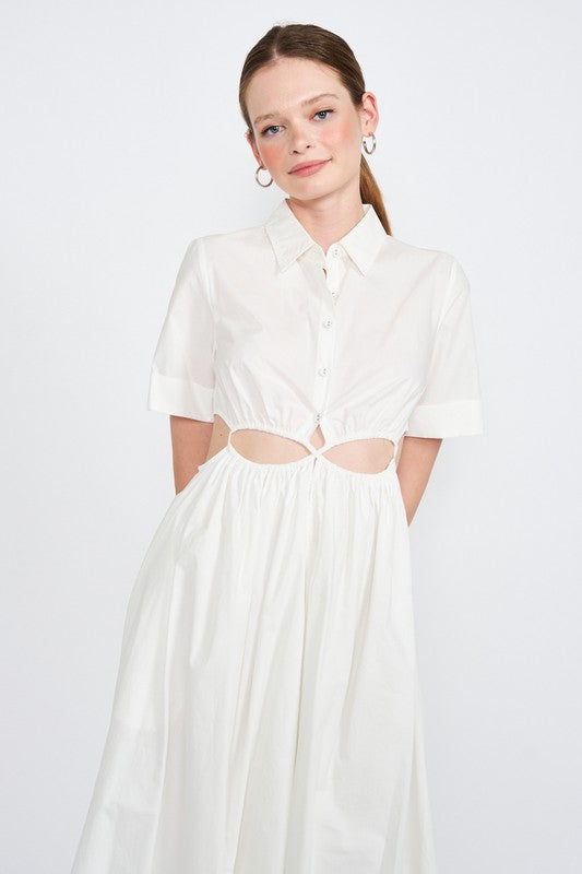 Emory Park Cutout Button-Down Short Sleeve Midi Dress in Light Khaki