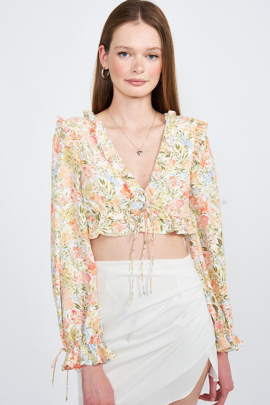 EMORY PARK FLORAL PRINT RUFFLED CROP TOP