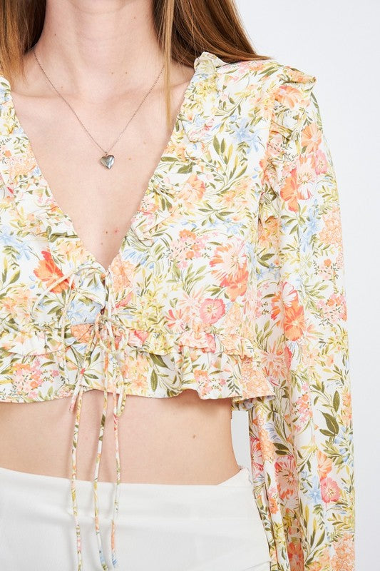 EMORY PARK FLORAL PRINT RUFFLED CROP TOP