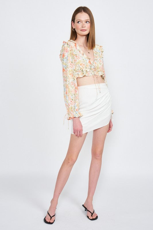 EMORY PARK FLORAL PRINT RUFFLED CROP TOP