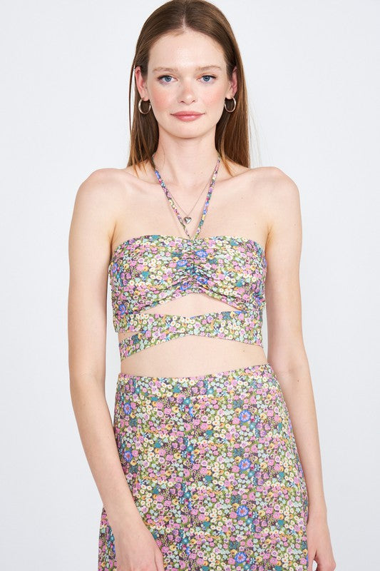 EMORY PARK HALTER NECK FLORAL CROP TOP WITH BACK SMOCKING