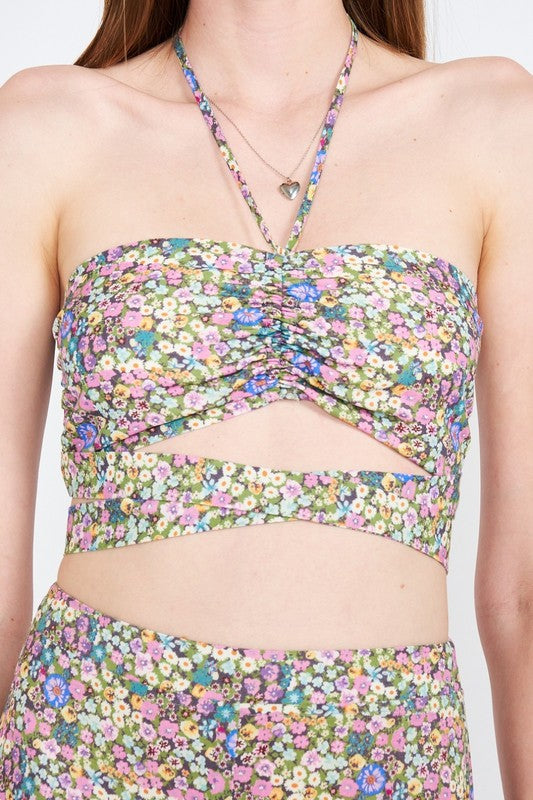 EMORY PARK HALTER NECK FLORAL CROP TOP WITH BACK SMOCKING