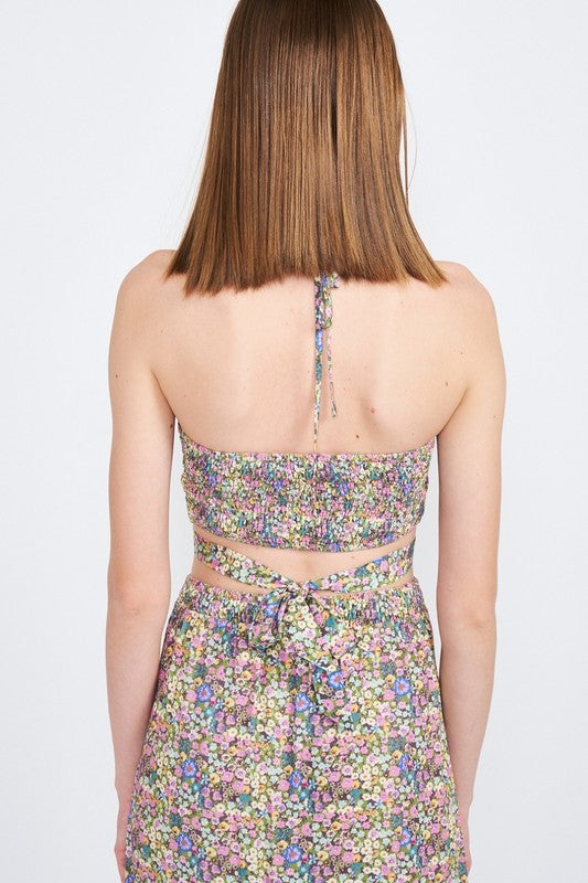 EMORY PARK HALTER NECK FLORAL CROP TOP WITH BACK SMOCKING