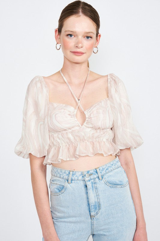 EMORY PARK BUBBLE SLEEVE RUCHED CROP TOP