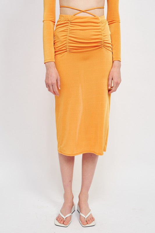 EMORY PARK RUCHED MIDI SKIRT WITH WAIST TIE AND SLIT