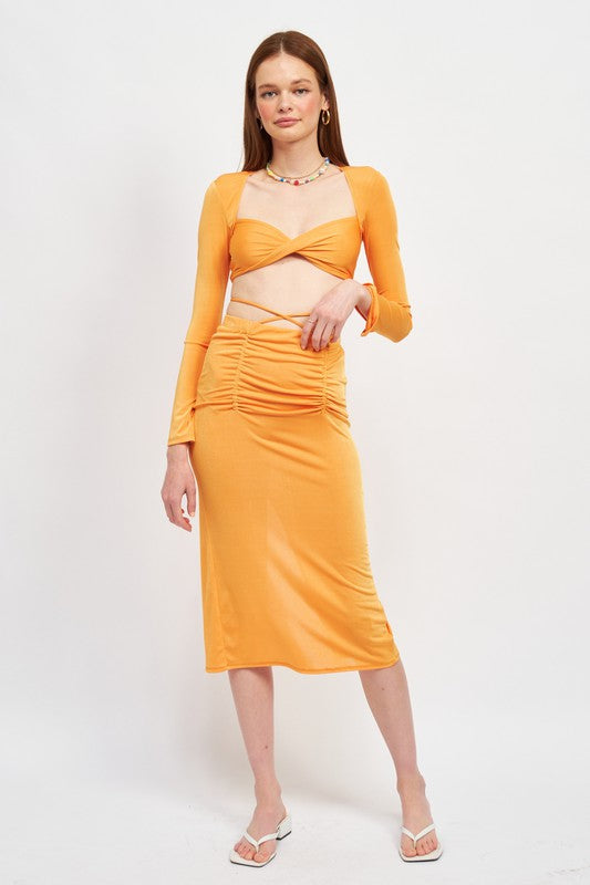 EMORY PARK RUCHED MIDI SKIRT WITH WAIST TIE AND SLIT