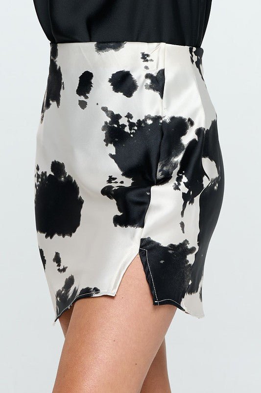 Renee C Cow Print Satin Mini Skirt with Slit