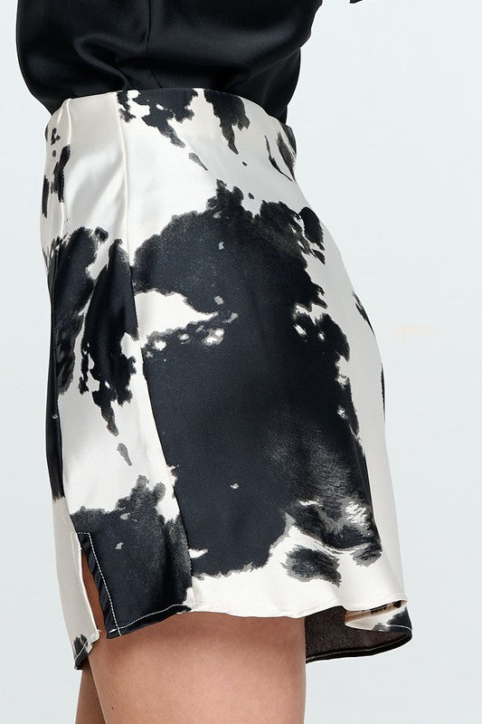 Renee C Cow Print Satin Mini Skirt with Slit