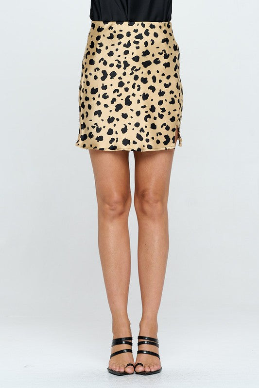 Renee C Leopard Print Satin Mini Skirt with Slit