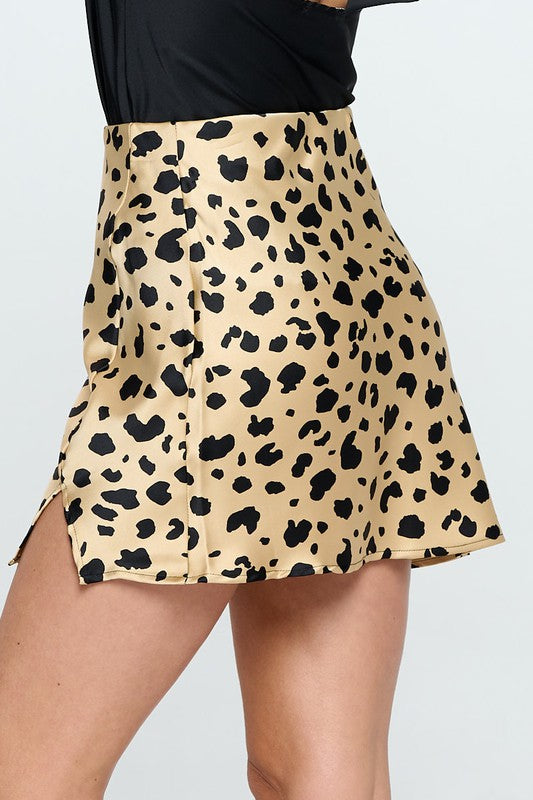 Renee C Leopard Print Satin Mini Skirt with Slit