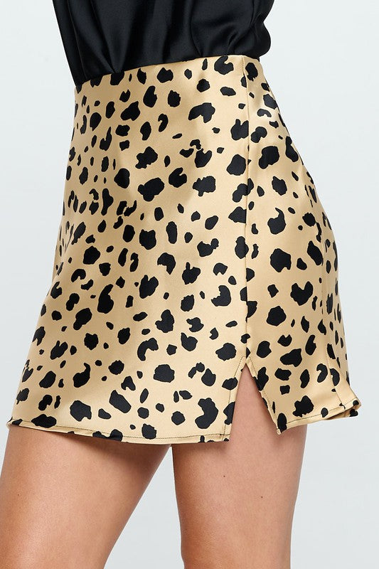 Renee C Leopard Print Satin Mini Skirt with Slit