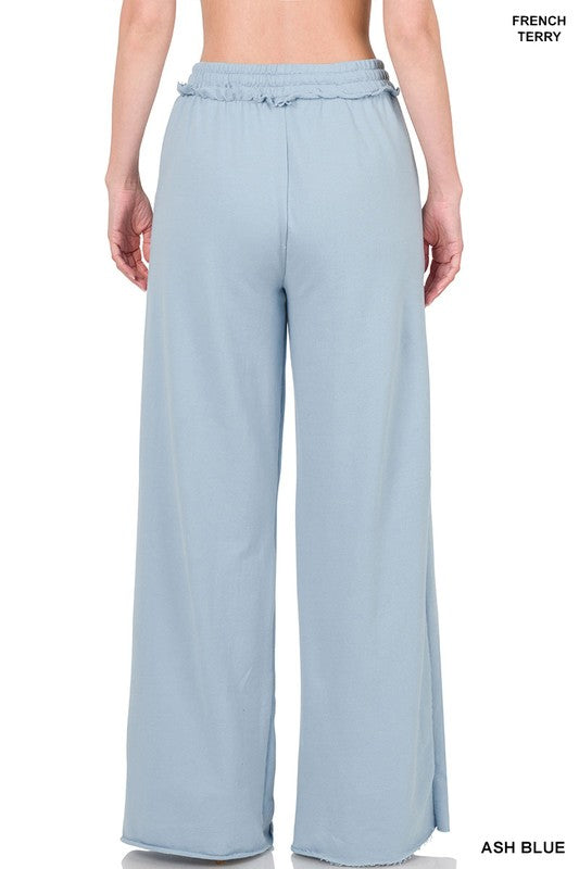 Zenana French Terry Cotton Drawstring Pants in Ash Blue or Heather Beige