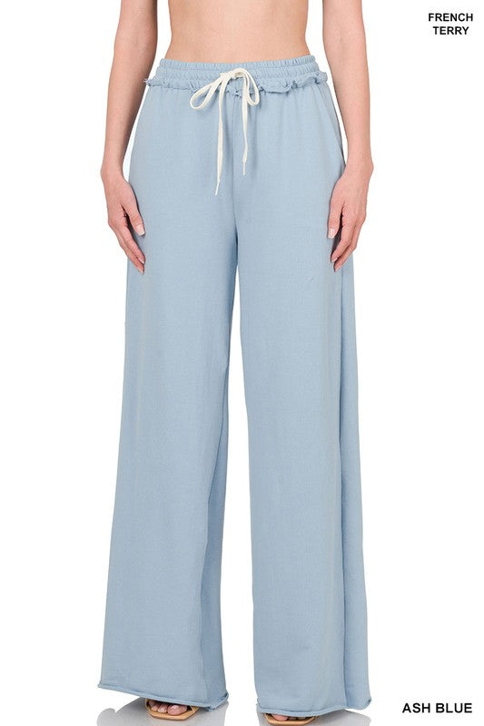 Zenana French Terry Cotton Drawstring Pants in Ash Blue or Heather Beige