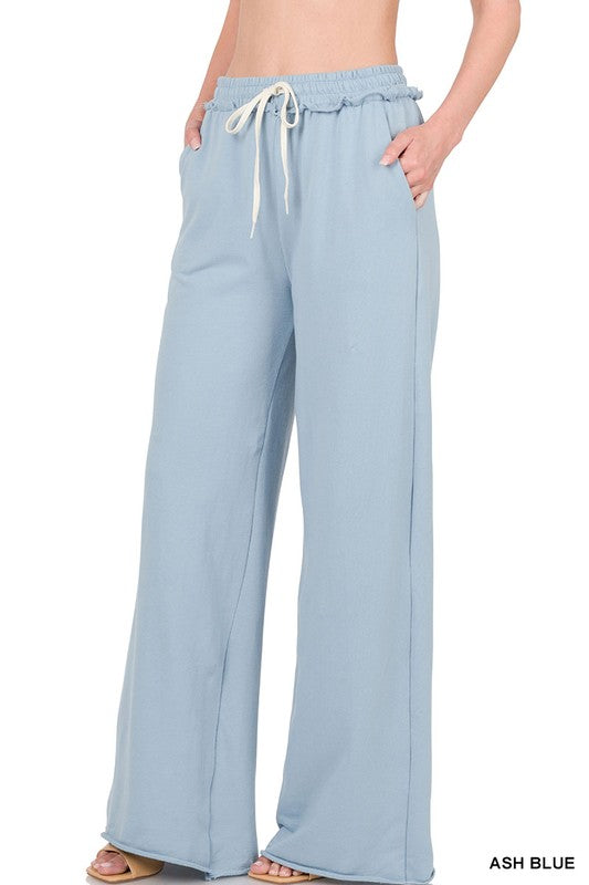 Zenana French Terry Cotton Drawstring Pants in Ash Blue or Heather Beige