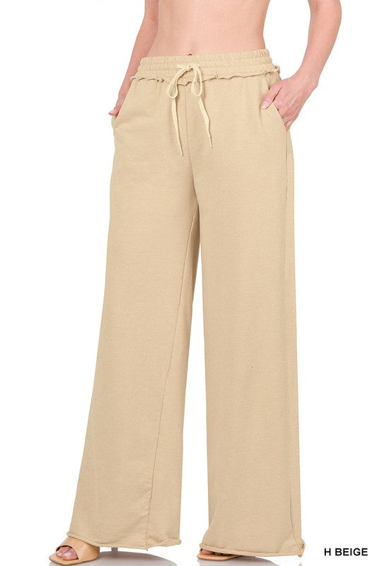 Zenana French Terry Cotton Drawstring Pants in Ash Blue or Heather Beige