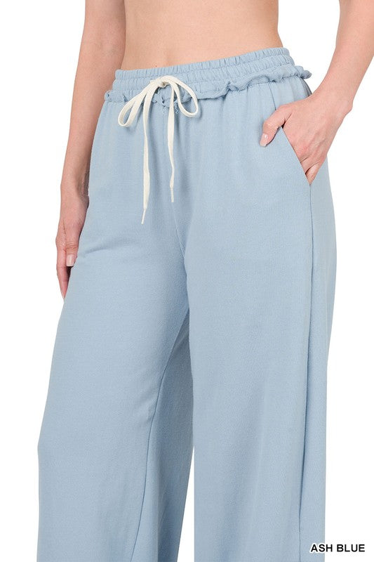 Zenana French Terry Cotton Drawstring Pants in Ash Blue or Heather Beige