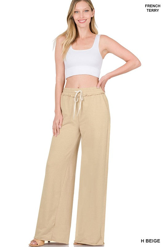 Zenana French Terry Cotton Drawstring Pants in Ash Blue or Heather Beige