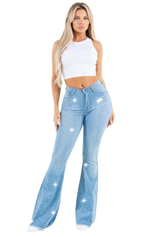 GJG Denim Vegas Glam Rhinestone Detail Raw Hem Bell Bottom Jeans in Light Wash Blue NWT