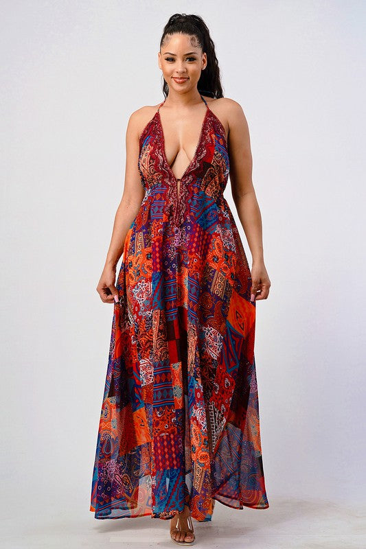 Athina Bohemian Patchwork Print Sequin Lace Trim V-Neck Cami Maxi Dress