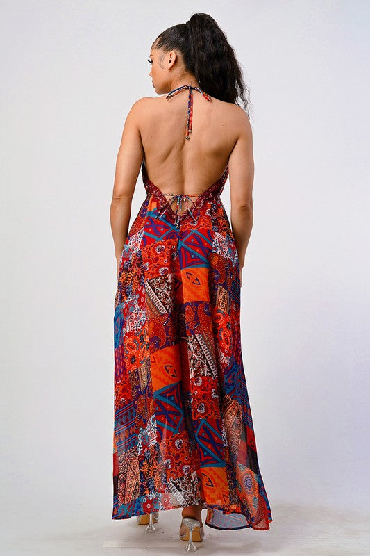 Athina Bohemian Patchwork Print Sequin Lace Trim V-Neck Cami Maxi Dress