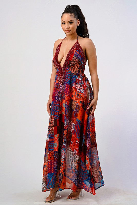 Athina Bohemian Patchwork Print Sequin Lace Trim V-Neck Cami Maxi Dress