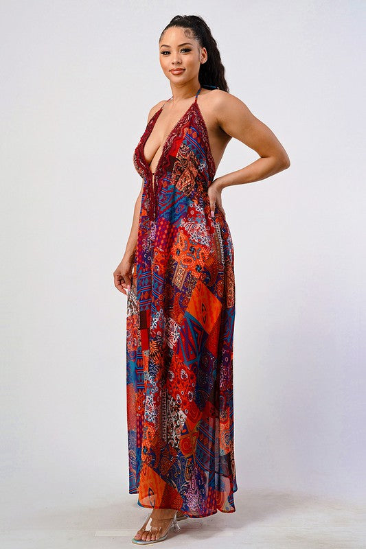 Athina Bohemian Patchwork Print Sequin Lace Trim V-Neck Cami Maxi Dress