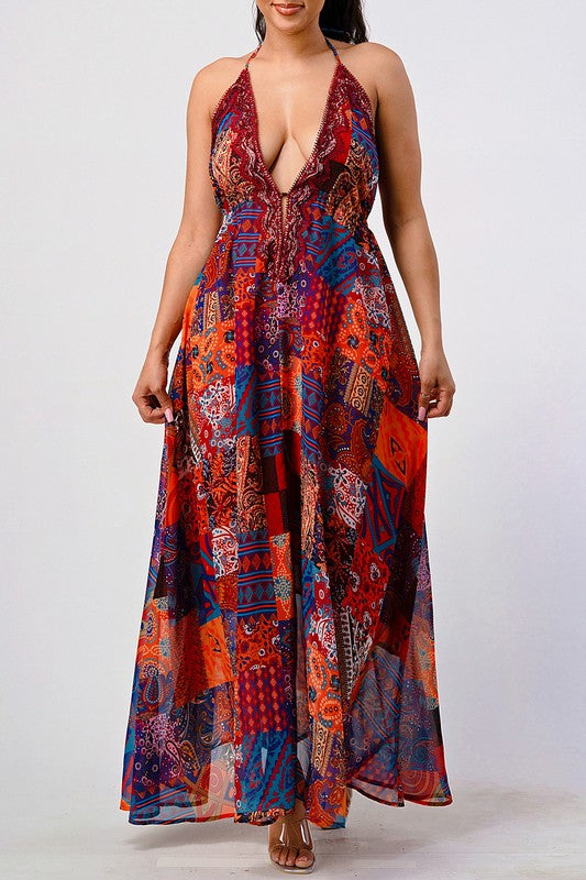 Athina Bohemian Patchwork Print Sequin Lace Trim V-Neck Cami Maxi Dress