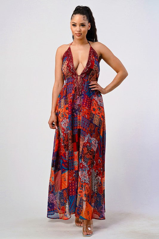 Athina Bohemian Patchwork Print Sequin Lace Trim V-Neck Cami Maxi Dress