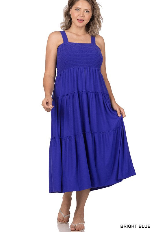 Zenana Plus Smocked Tiered Cami Midi Dress in 8 Colors