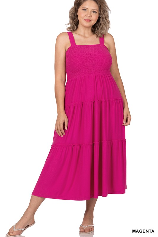 Zenana Plus Smocked Tiered Cami Midi Dress in 8 Colors