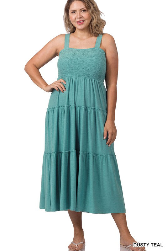 Zenana Plus Smocked Tiered Cami Midi Dress in 8 Colors