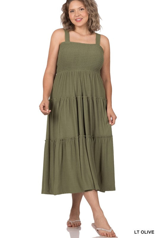 Zenana Plus Smocked Tiered Cami Midi Dress in 8 Colors