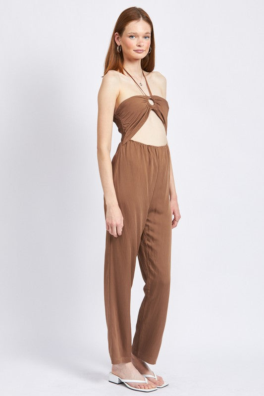 EMORY PARK BANDEAU HALTER NECK JUMPSUIT IN COCOA