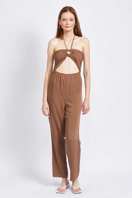 EMORY PARK BANDEAU HALTER NECK JUMPSUIT IN COCOA