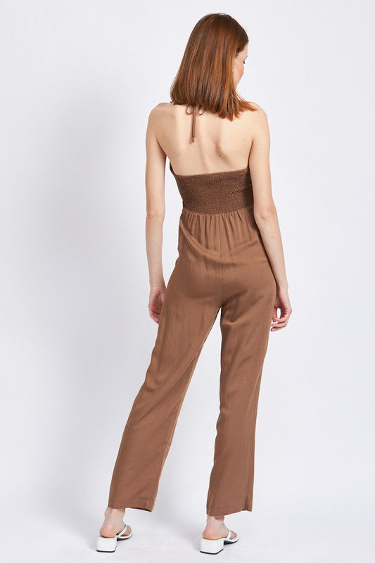 EMORY PARK BANDEAU HALTER NECK JUMPSUIT IN COCOA