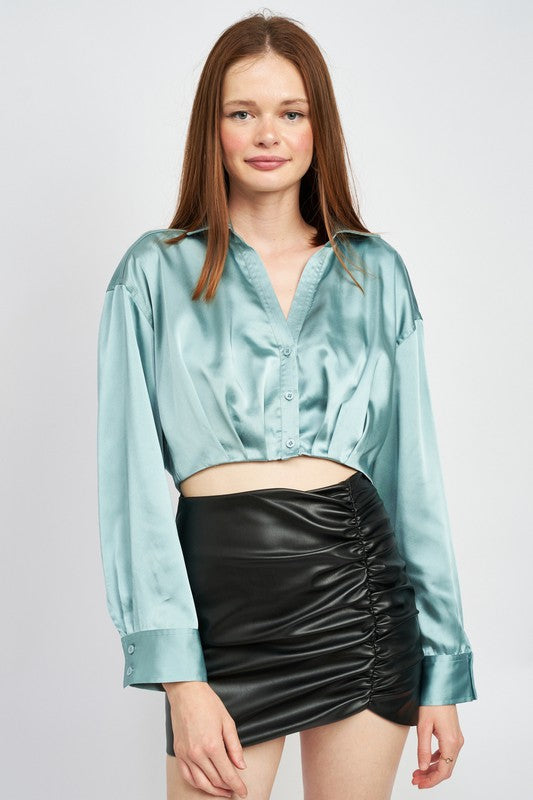 EMORY PARK SILKY COLLARED BUTTON UP LONG SLEEVE CROPPED SHIRT