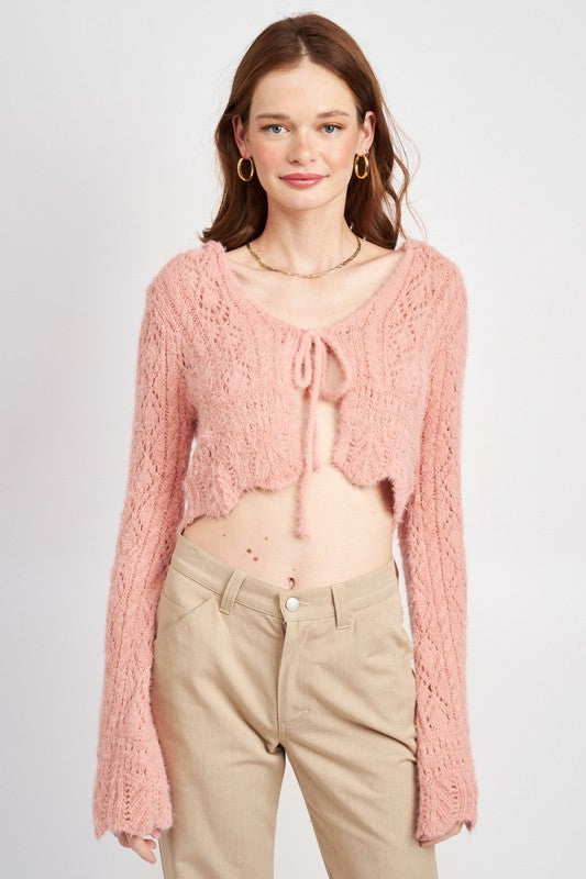 EMORY PARK FLARED SLEEVE TIE FRONT CROCHET CROP TOP