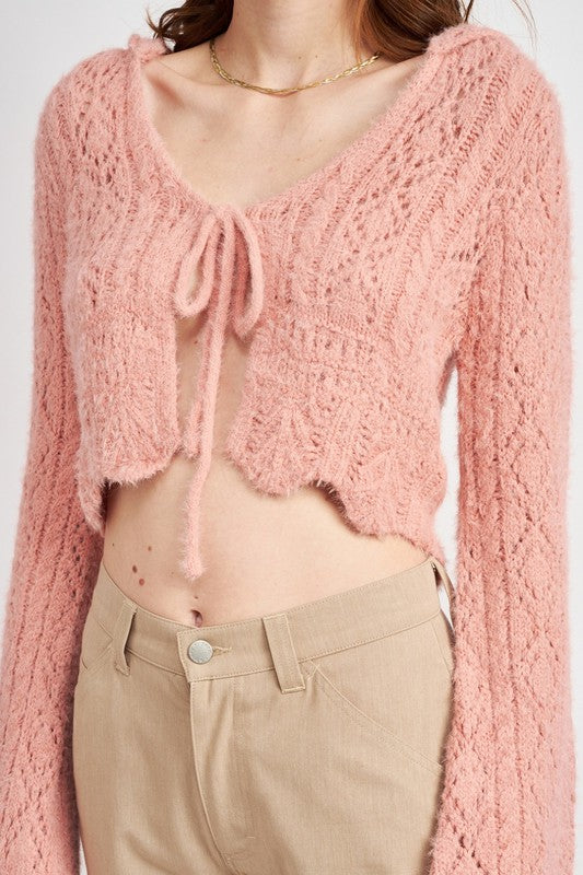 EMORY PARK FLARED SLEEVE TIE FRONT CROCHET CROP TOP