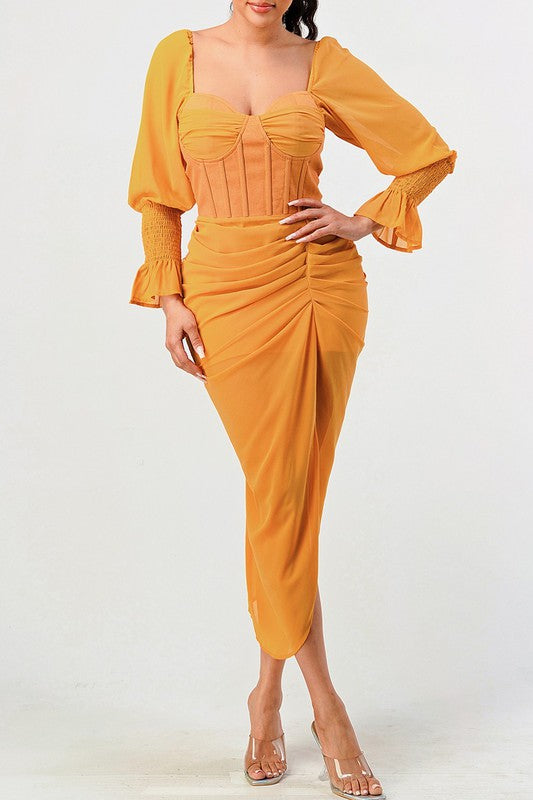 Athina Long Sleeve Chiffon Corset Maxi Dress in Summer Yellow