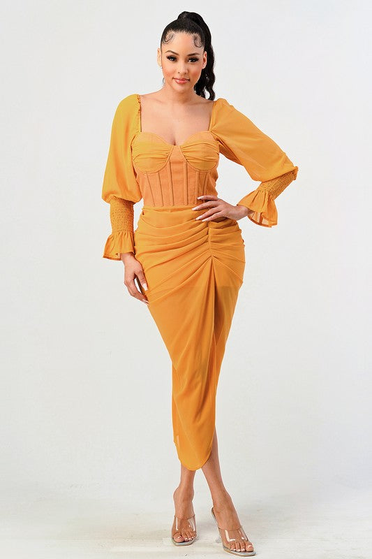 Athina Long Sleeve Chiffon Corset Maxi Dress in Summer Yellow