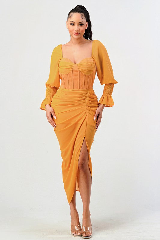 Athina Long Sleeve Chiffon Corset Maxi Dress in Summer Yellow