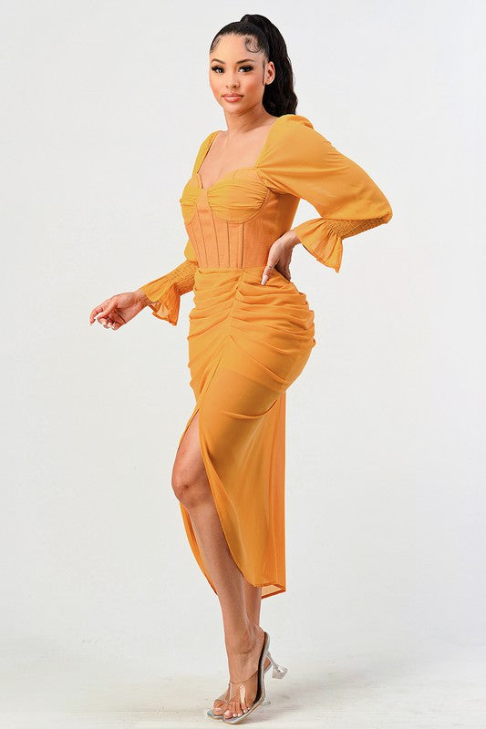 Athina Long Sleeve Chiffon Corset Maxi Dress in Summer Yellow