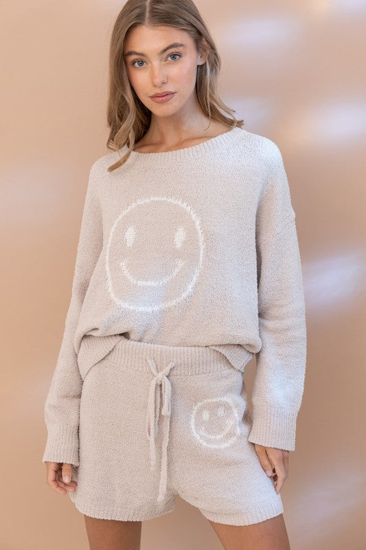 Blue B Happy Face Lounge Set Soft Knit Long Sleeve Graphic T-Shirt & Shorts in 3 Colors