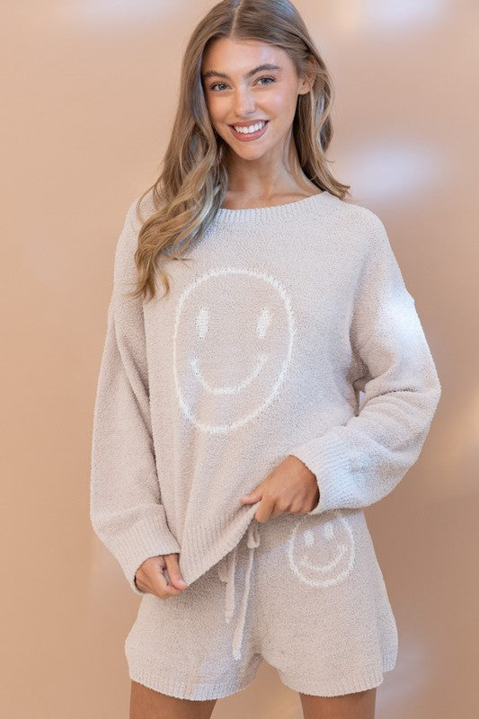 Blue B Happy Face Lounge Set Soft Knit Long Sleeve Graphic T-Shirt & Shorts in 3 Colors